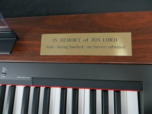 Memorial inscription in memory of Jon Lord on a donated keyboard