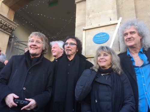 Don Airey, Neil Murray, Tony Iommi, Suzi Quatro, and Brian May at unveiling Cozy Powell memorial plaque; Cirencester, January 7, 2016