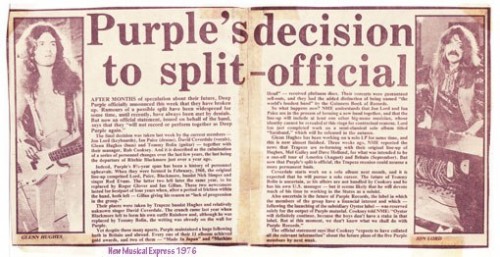 New Musical Express 1976 announcement of Purple splitting